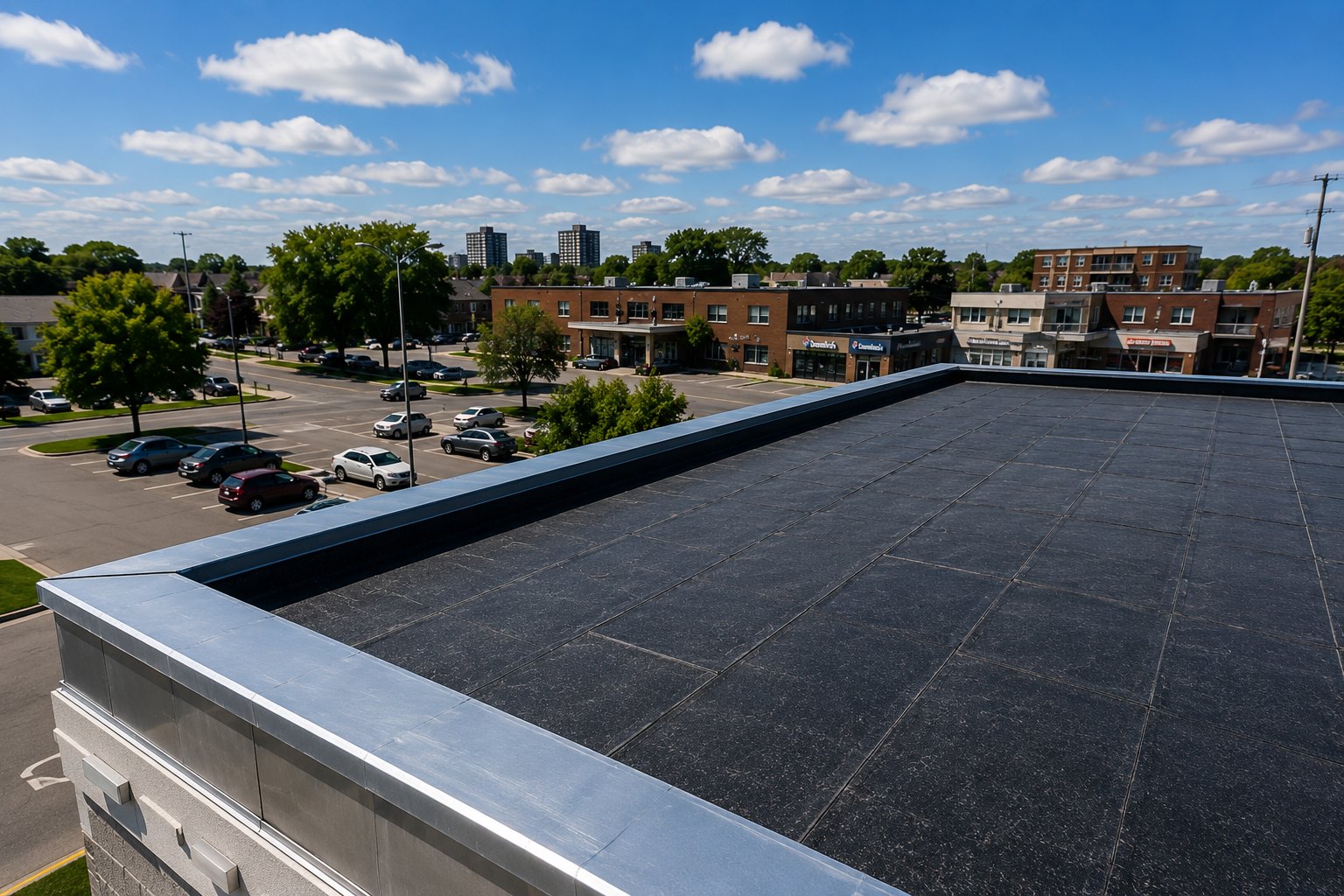 Finished commercial flat roof with metal coping in London, Ontario