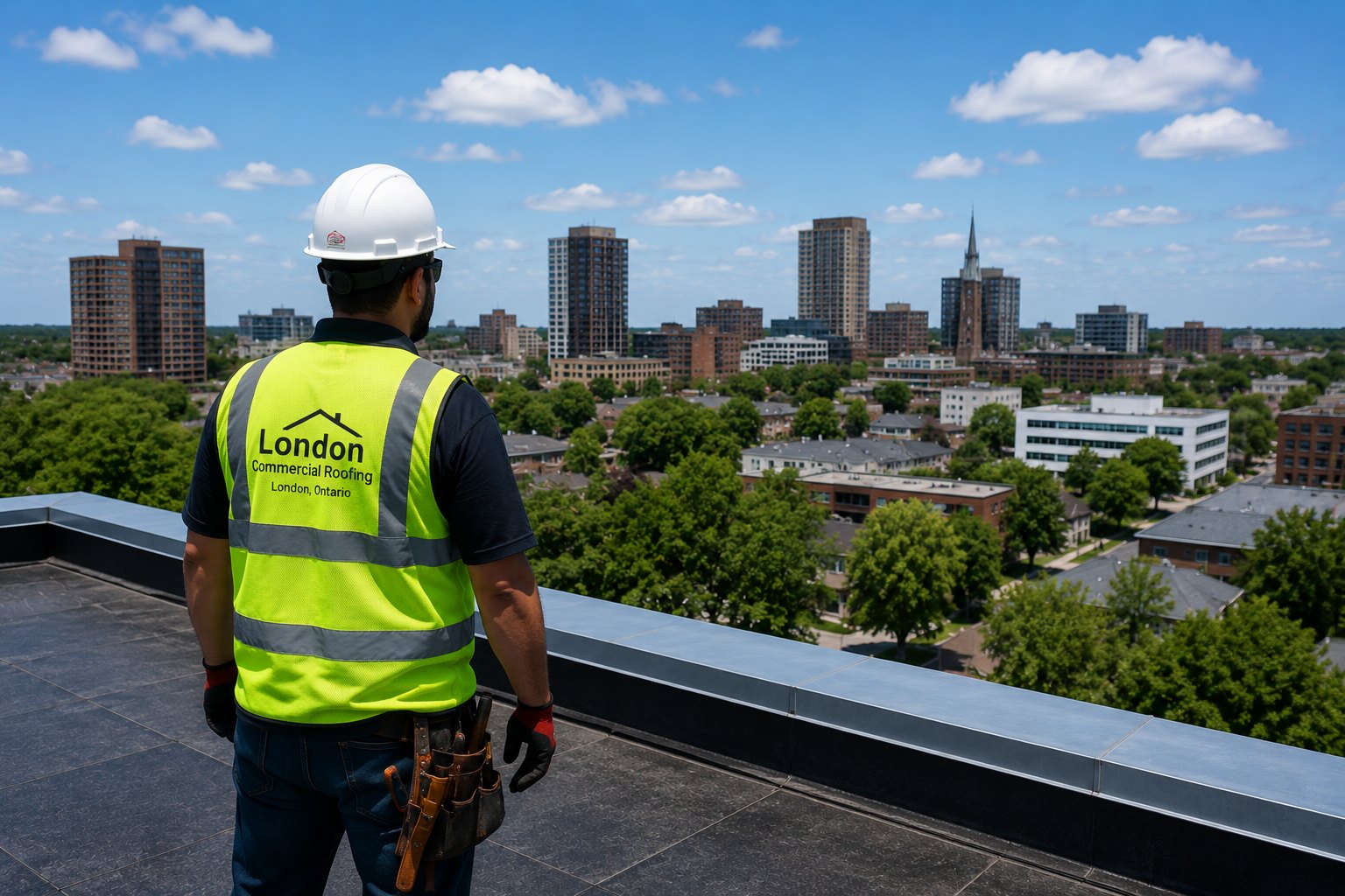 London Commercial Roofing crew member on a rooftop overlooking downtown London, Ontario
