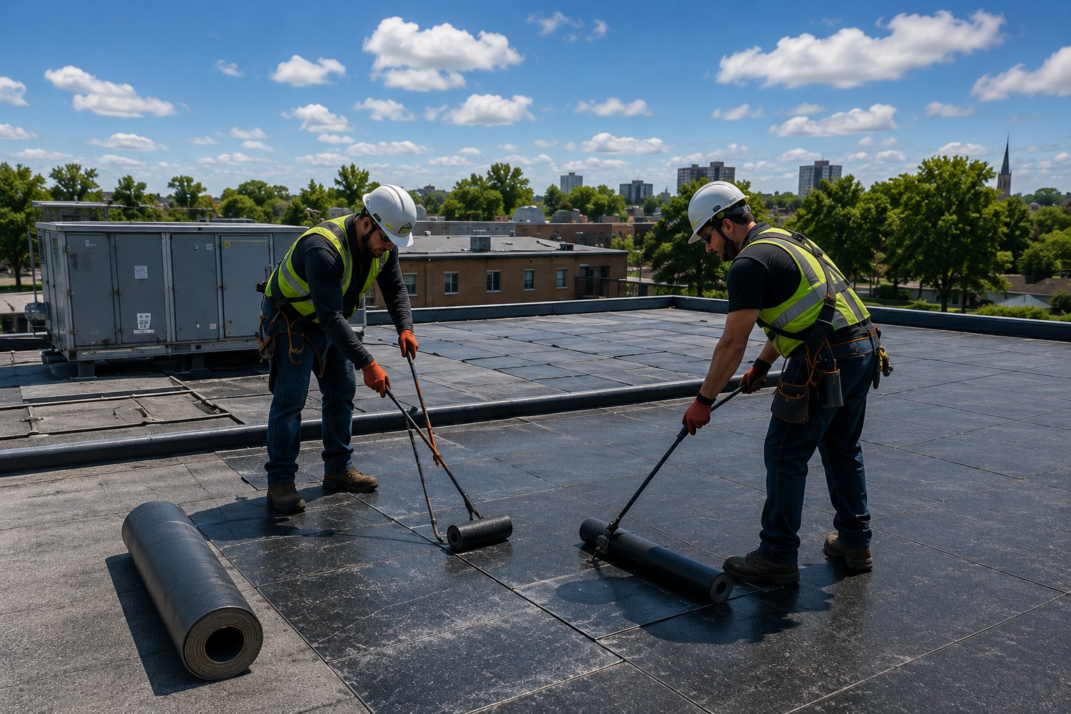 London Commercial Roofing crew installing a flat roof membrane in London, Ontario